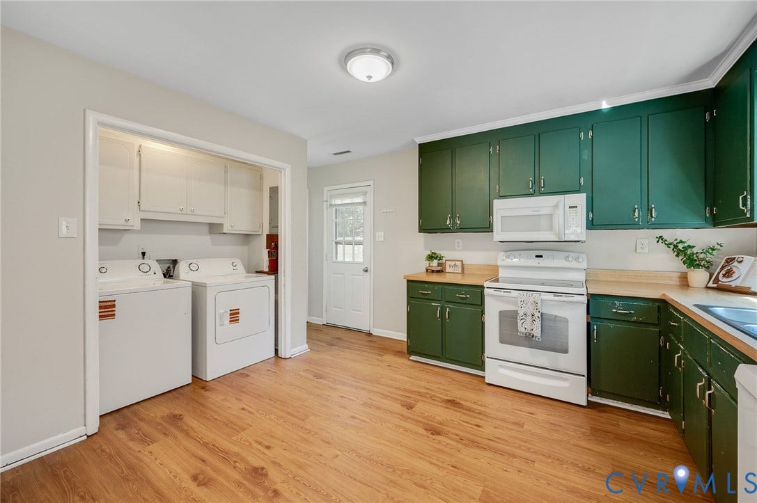 3530 Glisson Road, Richmond, VA 23237 Wood-finish flooring, white appliances, green cabinetry, wood countertops, and a built-in laundry area
