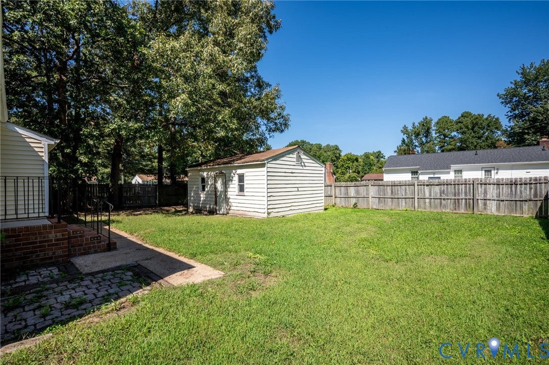 3530 Glisson Road, Richmond, VA 23237 Expansive backyard featuring a lush lawn, mature trees, a detached storage shed, and a privacy fence