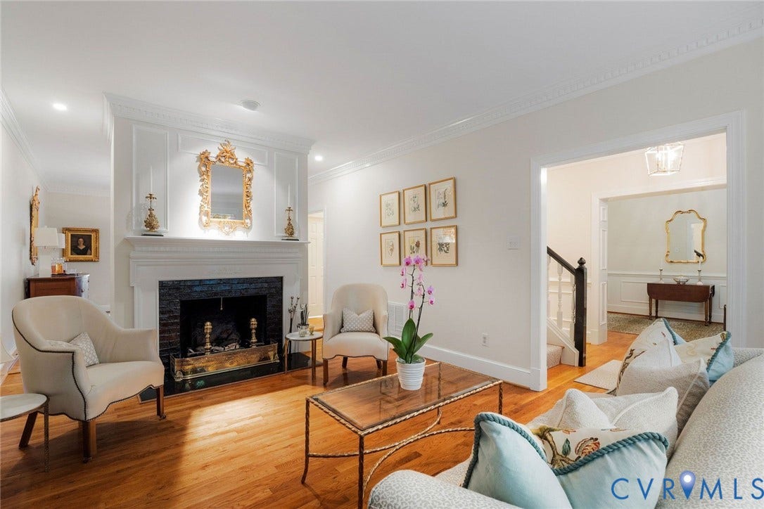 513 St Albans Way, Richmond, VA 23229 Elegant living room with gas fireplace and decorative mantel