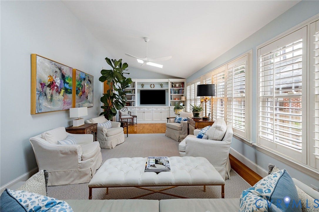 513 St Albans Way, Richmond, VA 23229 Family room with plantation shutters and wall of custom built-ins