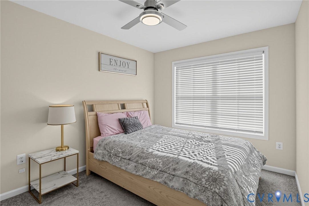 Recessed lighting, ceiling fan, neutral wall paint, window with blinds, and carpeted flooring