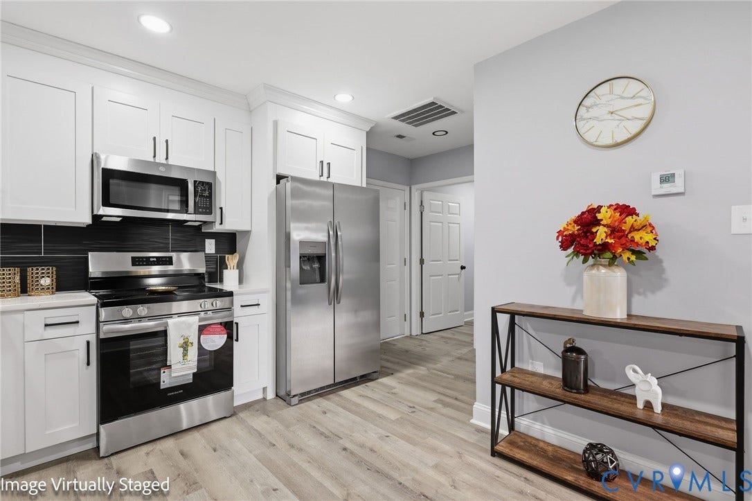 510 N Carolina Avenue, Petersburg, VA 23803 Modern kitchen featuring white cabinetry, stainless steel appliances, a dark tile backsplash, recessed lighting, and wood-finish flooring