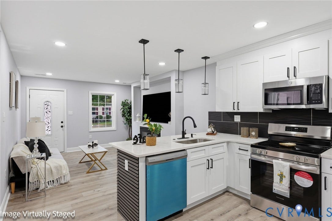 510 N Carolina Avenue, Petersburg, VA 23803 Contemporary kitchen featuring white cabinetry, stainless steel appliances, a black tile backsplash, and quartz countertops