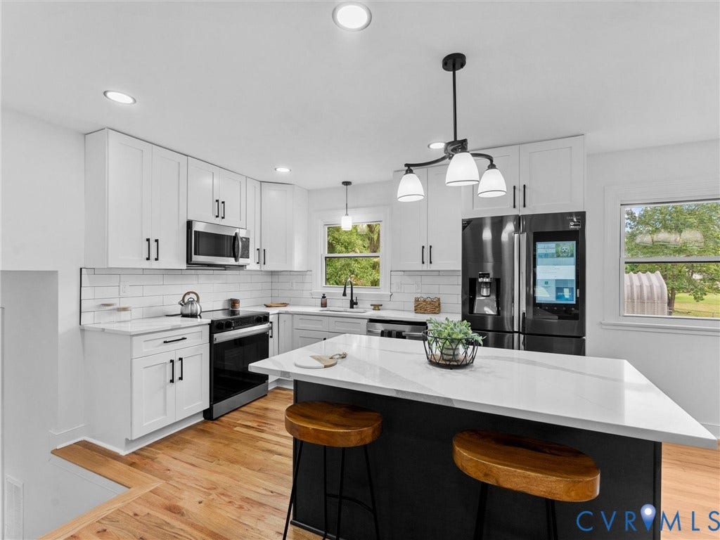 7361 Creekridge Road, Henrico, VA 23231 Kitchen featuring white cabinetry, stainless steel appliances, white subway tile backsplash, a dark island with white countertop, and wood-finish flooring