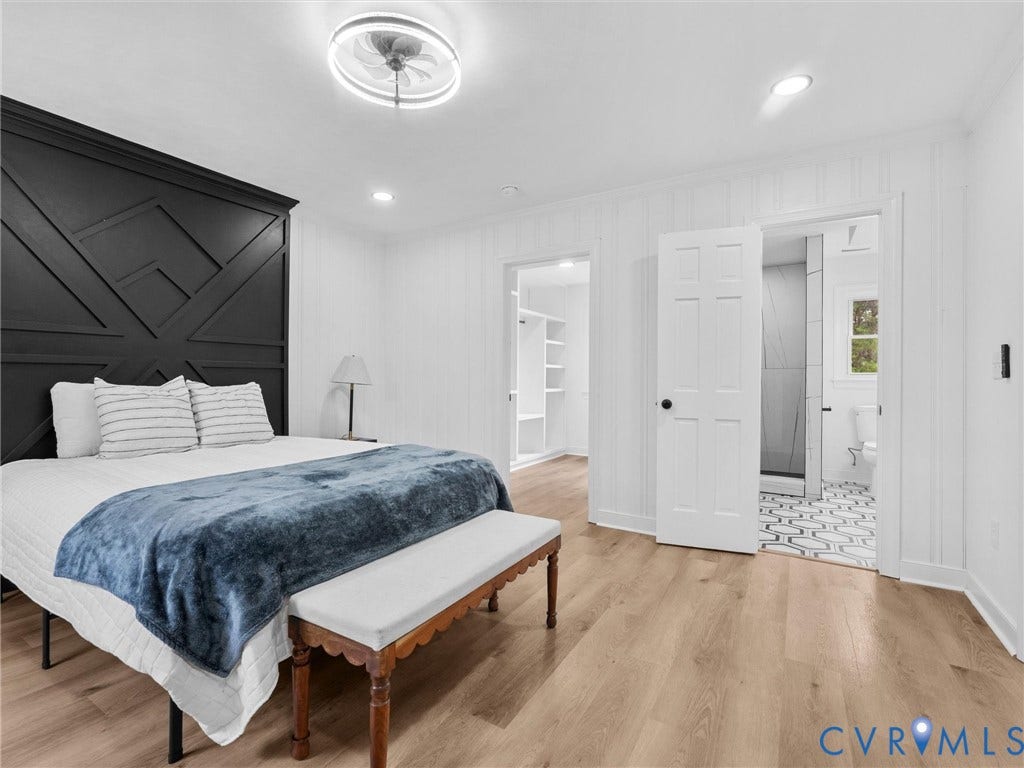 7361 Creekridge Road, Henrico, VA 23231 Wood-finish flooring throughout, bright white shiplap walls, recessed lighting, and a modern ceiling fan