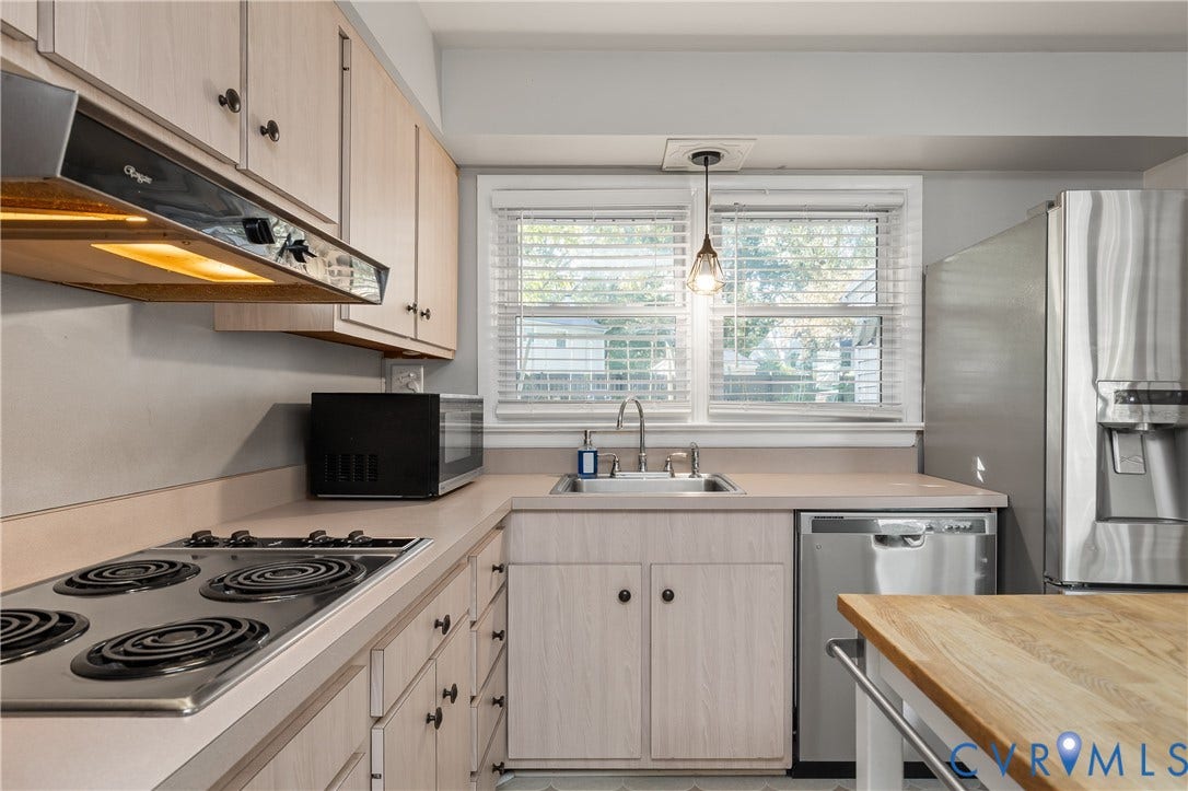 300 Gunby Drive, Henrico, VA 23229 Light wood-finish cabinetry with dark hardware, stainless steel sink with pull-down faucet, a window with blinds, and stainless steel dishwasher