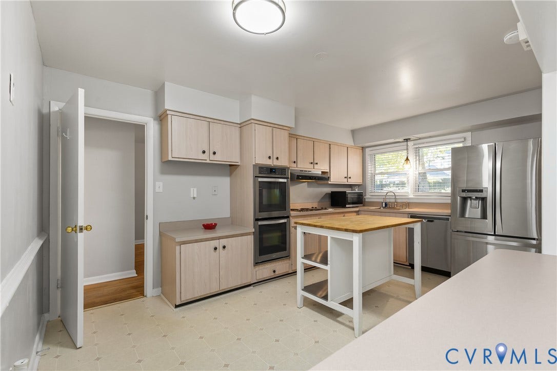 300 Gunby Drive, Henrico, VA 23229 Kitchen featuring light wood-finish cabinetry, stainless steel appliances, double wall ovens, and a center island with a wood countertop