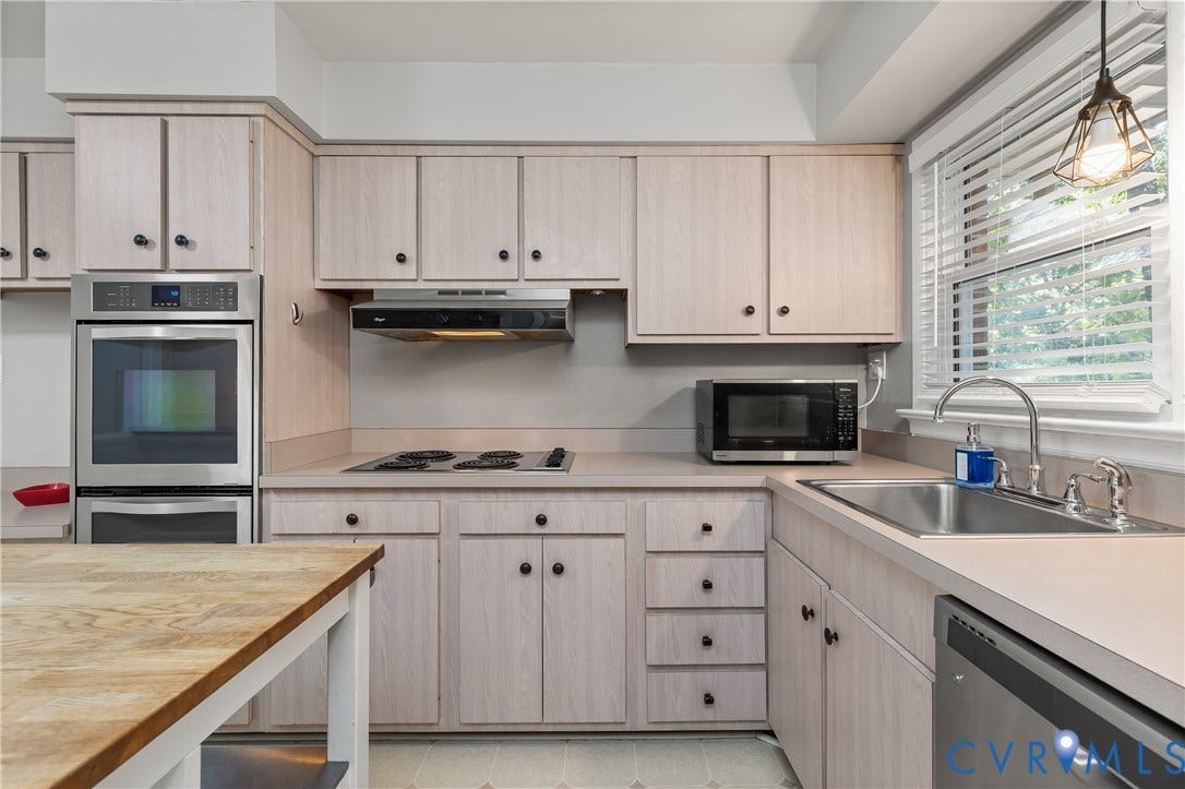 300 Gunby Drive, Henrico, VA 23229 Kitchen featuring light wood-finish cabinetry, stainless steel double wall ovens, built-in cooktop, stainless steel sink, and a built-in dishwasher