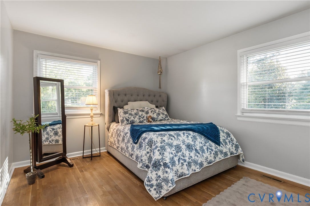 300 Gunby Drive, Henrico, VA 23229 Hardwood flooring, painted walls, two windows with blinds, and white trim