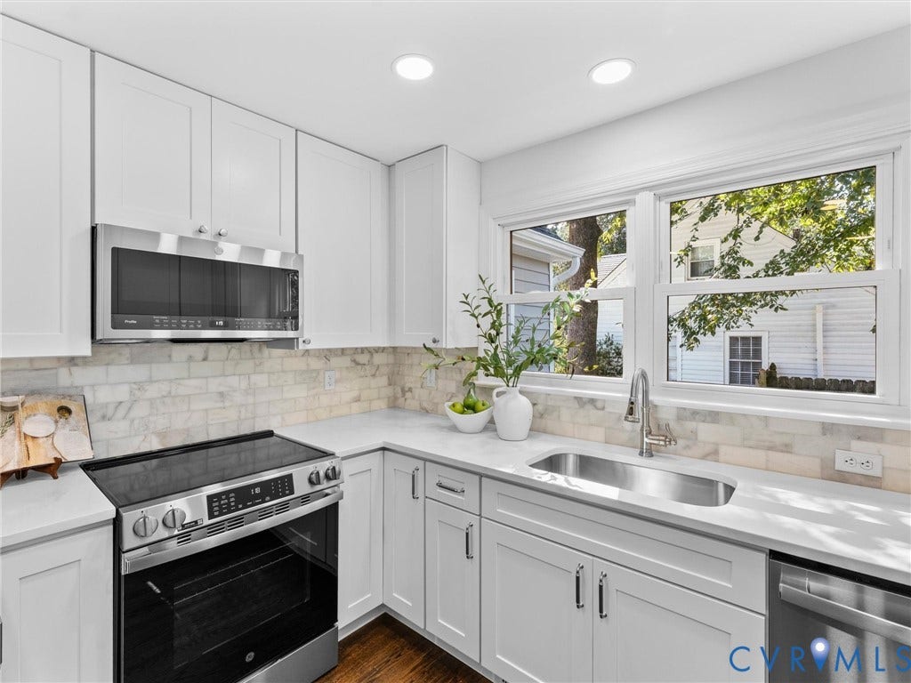 White cabinetry with recessed panel doors, stainless steel appliances, light-toned countertop, subway tile backsplash, and a stainless steel sink with a single-handle faucet