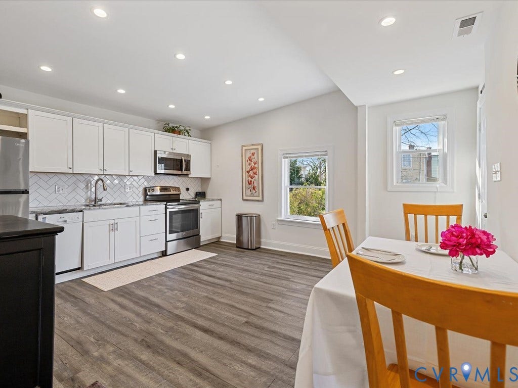 2021 Venable Street, Union Hill, Richmond, VA 23223 Kitchen featuring white cabinetry, stainless steel appliances, herringbone tile backsplash, wood-finish flooring, and recessed lighting