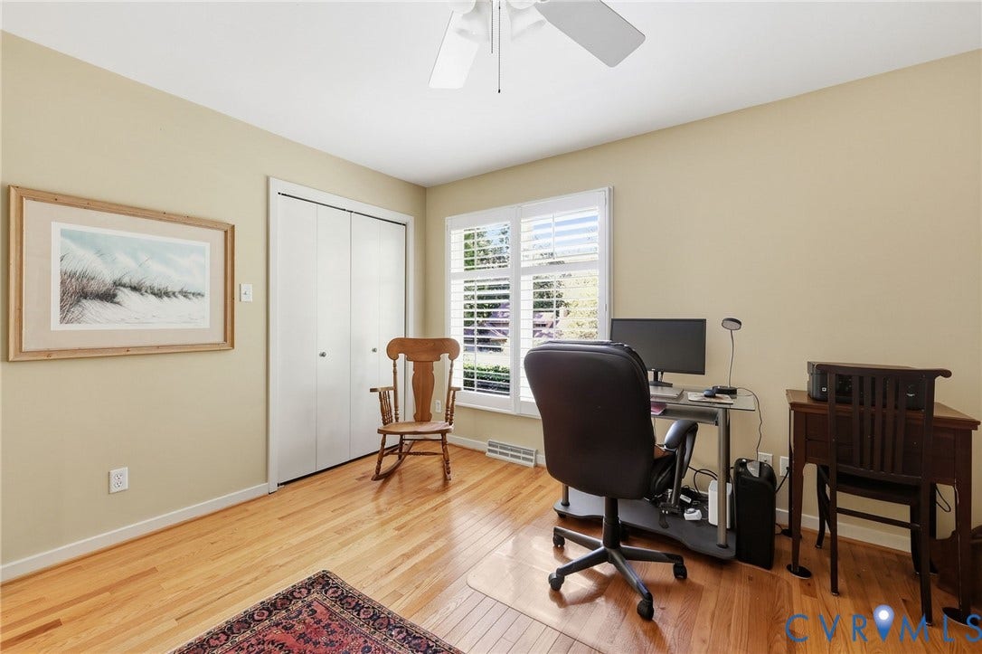 13701 Harbourwood Road, Harbourwood, Midlothian, VA 23112 Bedroom 3 features ceiling fan, double closet, hardwood floor.