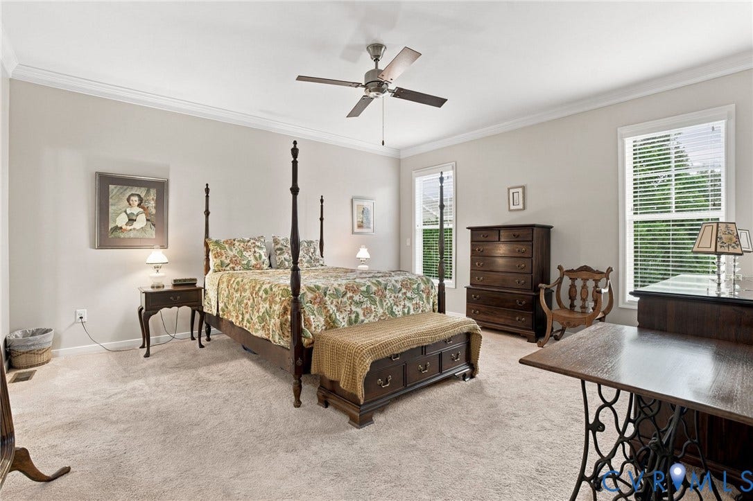 Tray ceiling with crown molding, ceiling fan, carpeted flooring, and two windows