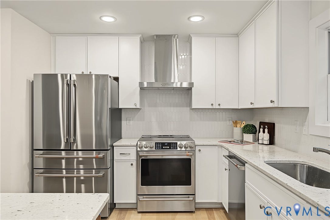 702 Westham Parkway, Westham, Henrico, VA 23229 Stainless steel appliance suite, white shaker cabinetry, recessed lighting, light wood-finish flooring, and white stone countertops