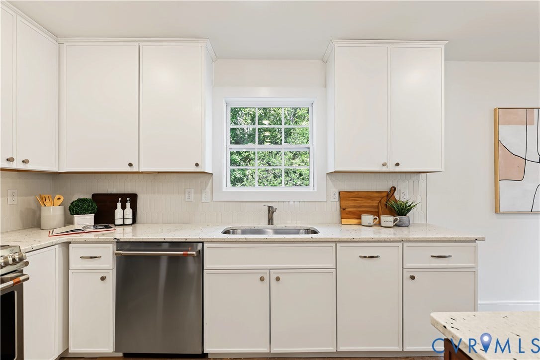 702 Westham Parkway, Westham, Henrico, VA 23229 White cabinetry with brushed nickel hardware, light-toned countertops, and a stainless steel dishwasher