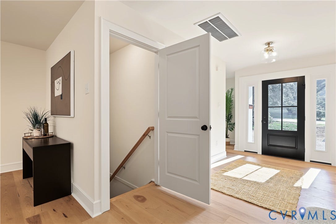 702 Westham Parkway, Westham, Henrico, VA 23229 Light wood-finish flooring with a dark-paneled entry door, flanked by vertical windows