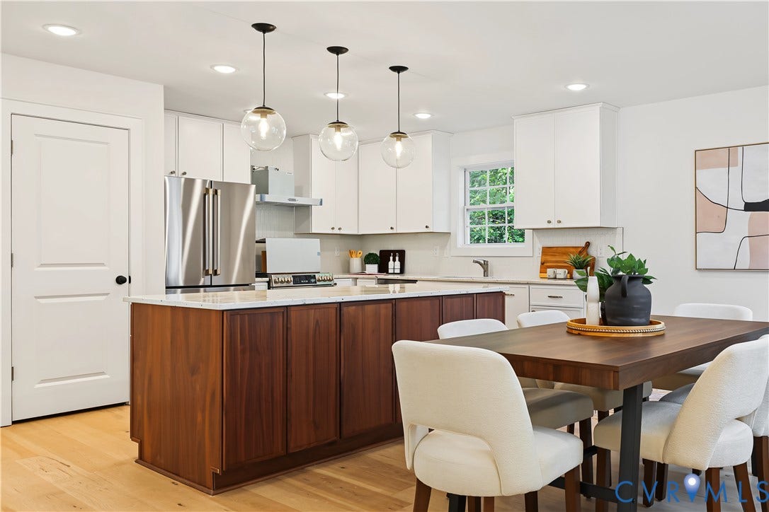 702 Westham Parkway, Westham, Henrico, VA 23229 Stainless steel appliances, white cabinetry, wood-finish flooring, white countertops, and contemporary pendant lighting