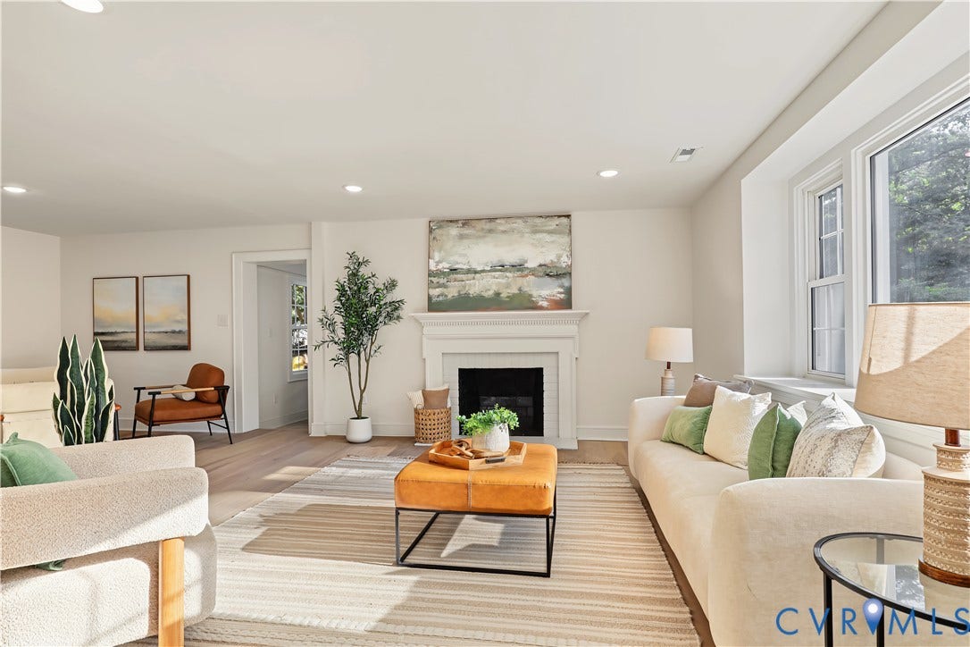 702 Westham Parkway, Westham, Henrico, VA 23229 Spacious living area featuring light wood-finish flooring, recessed lighting, and a white fireplace with a decorative mantel