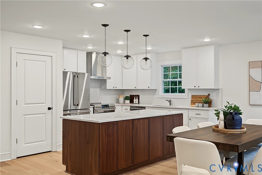 702 Westham Parkway, Westham, Henrico, VA 23229 Wood-finish flooring, stainless steel appliances, white cabinetry, island with stone countertop, and recessed lighting