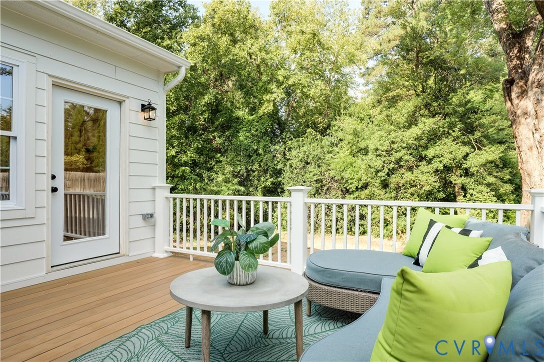 702 Westham Parkway, Westham, Henrico, VA 23229 Outdoor deck featuring composite flooring, white horizontal siding, a glass-panel door, and white railing