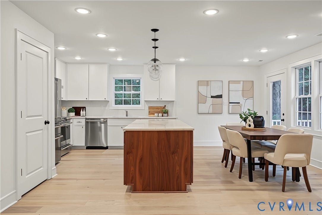 702 Westham Parkway, Westham, Henrico, VA 23229 Bright kitchen featuring white cabinetry, light-toned wood flooring, stainless steel appliances, a wood-finish island, and recessed lighting