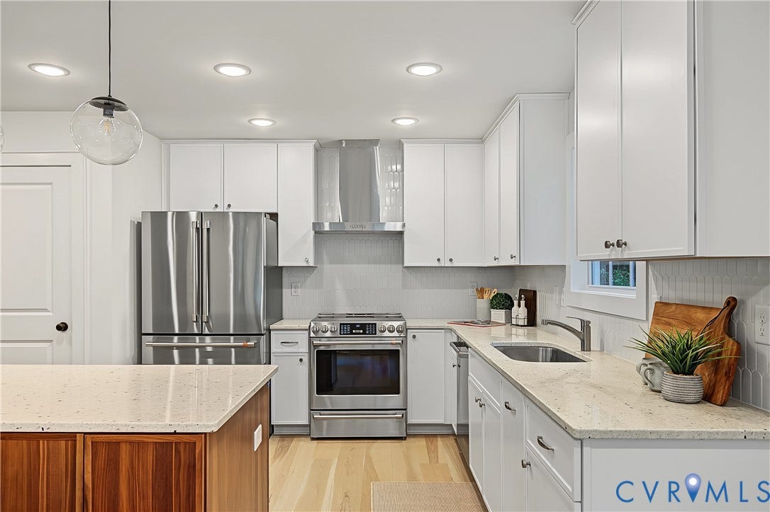 702 Westham Parkway, Westham, Henrico, VA 23229 White cabinetry, light wood-finish flooring, stainless steel appliances, speckled countertops, and a full tile backsplash