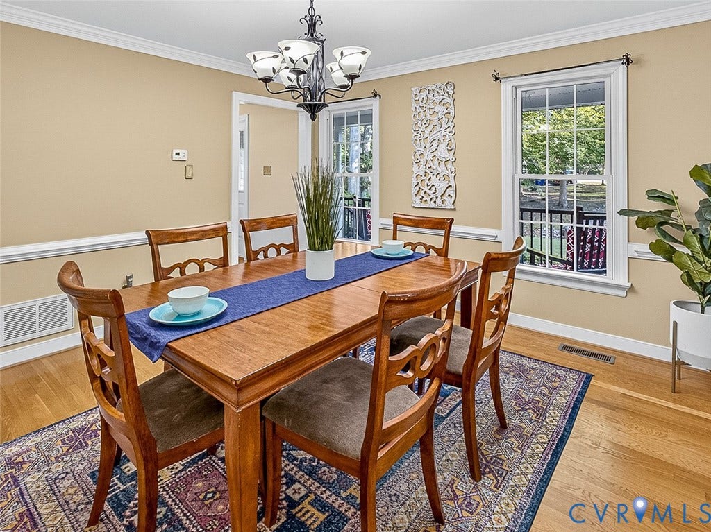 4013 Tweedsmuir Road, Moseley, VA 23120 a dining room framed by chair rail bring classic character to everyday living