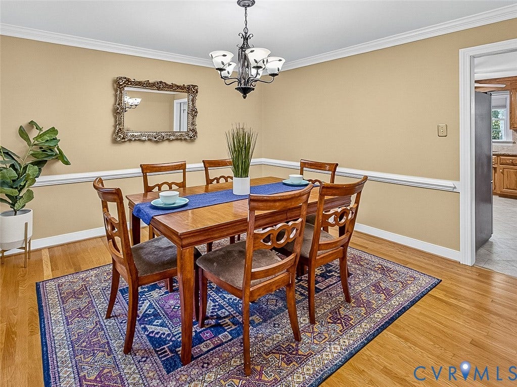 4013 Tweedsmuir Road, Moseley, VA 23120 a dining room framed by chair rail bring classic character to everyday living
