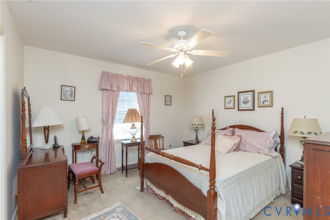 3640 Kiefer Road, Chester, VA 23831 Ceiling fan fixture, wall-to-wall carpeting, and neutral wall tones