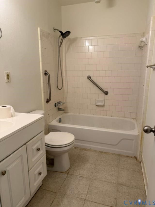2109 Parkside Avenue, Lakeside, Henrico, VA 23228 White subway tile shower surround with grab bars, bathtub, commode, and vanity with lower cabinetry