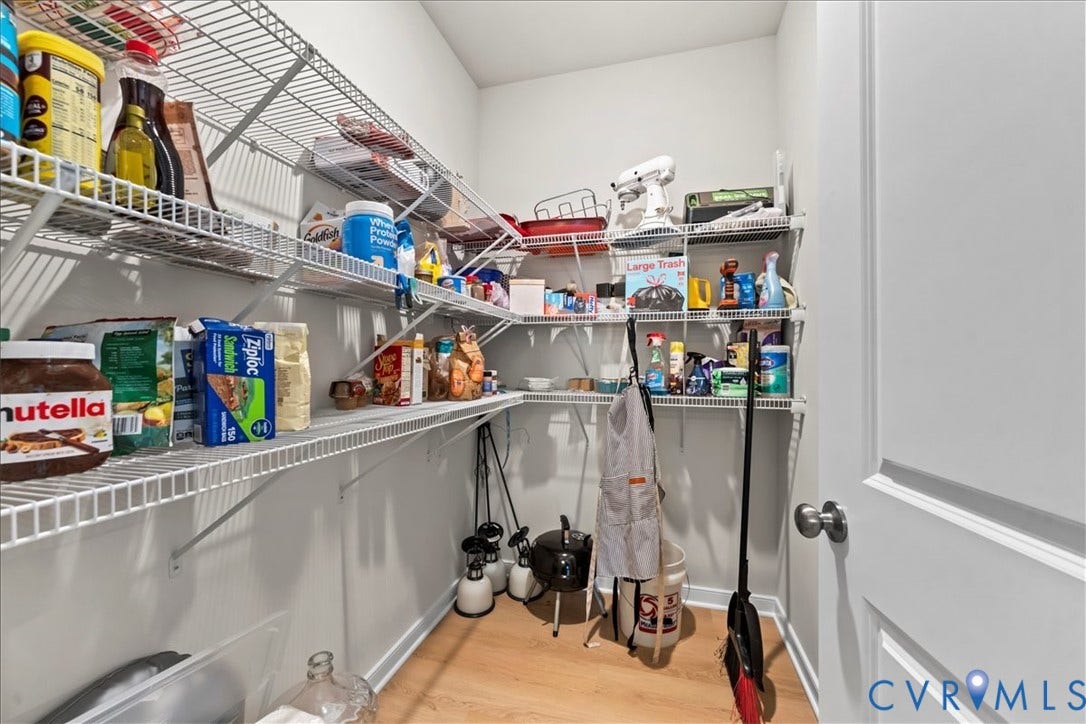 412 Quiet Breeze Alley, Chesterfield, VA 23113 Walk-in pantry with ample wire shelving, light wood-finish flooring, and a paneled interior door