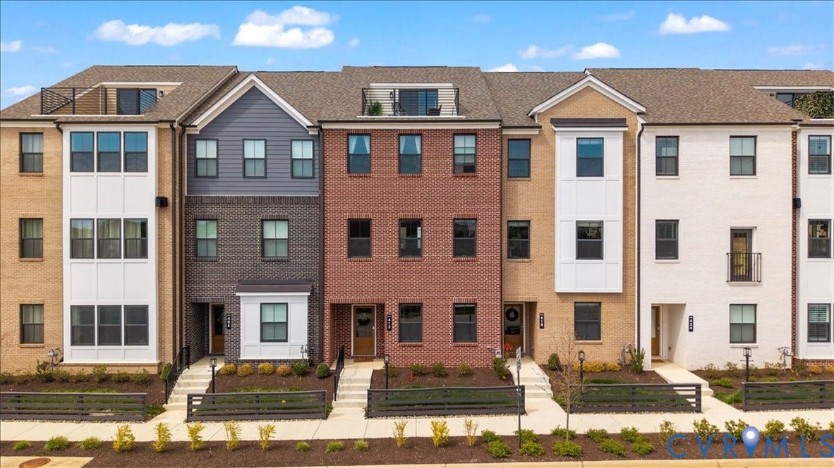 412 Quiet Breeze Alley, Chesterfield, VA 23113 Modern townhome exteriors featuring brick and siding facades, private rooftop terraces, multiple windows, and individual entryways with pedestrian walkways