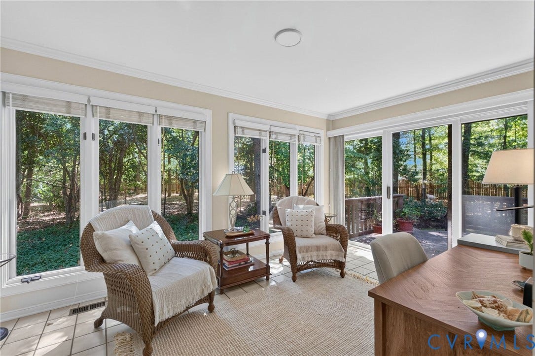 13001 River Hills Drive, Midlothian, VA 23113 Light-filled sunroom with walls of windows and sliding doors opening to the deck.