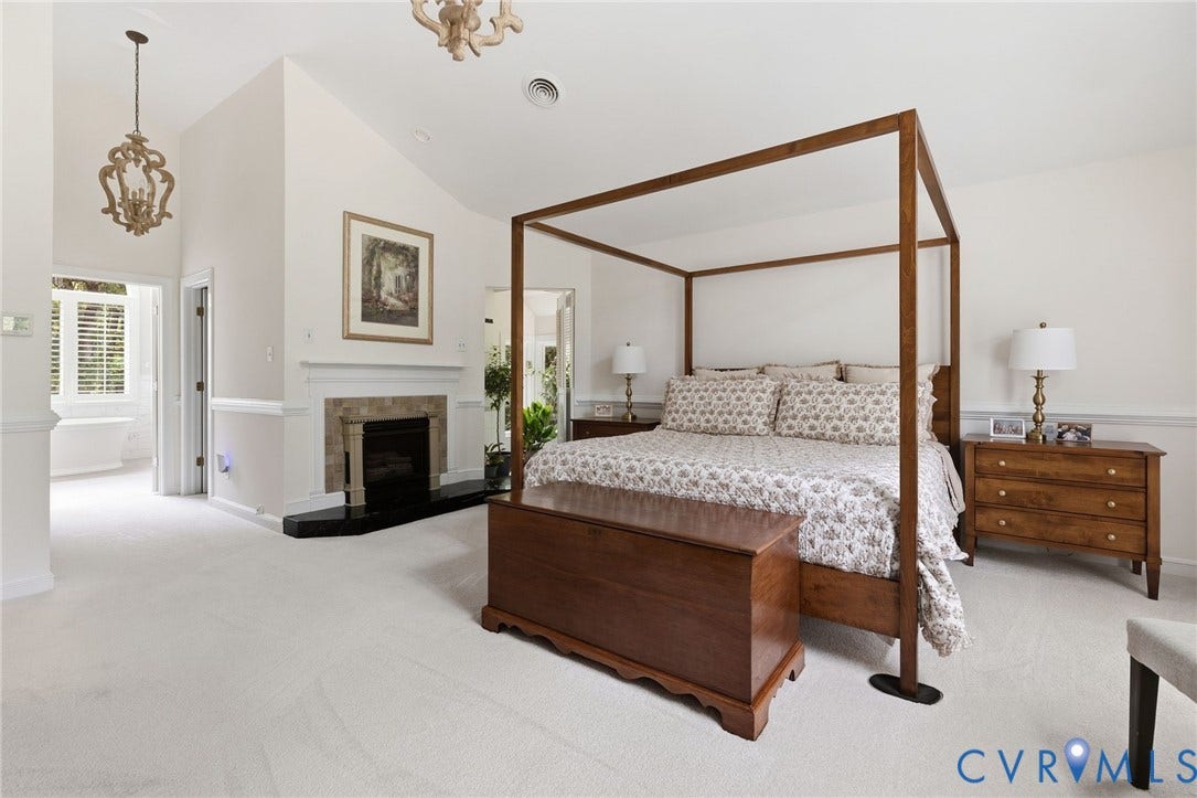 17 Quail Run Drive, Manakin Sabot, VA 23103 Primary Bedroom with vaulted ceiling, fireplace, atrium, new carpet