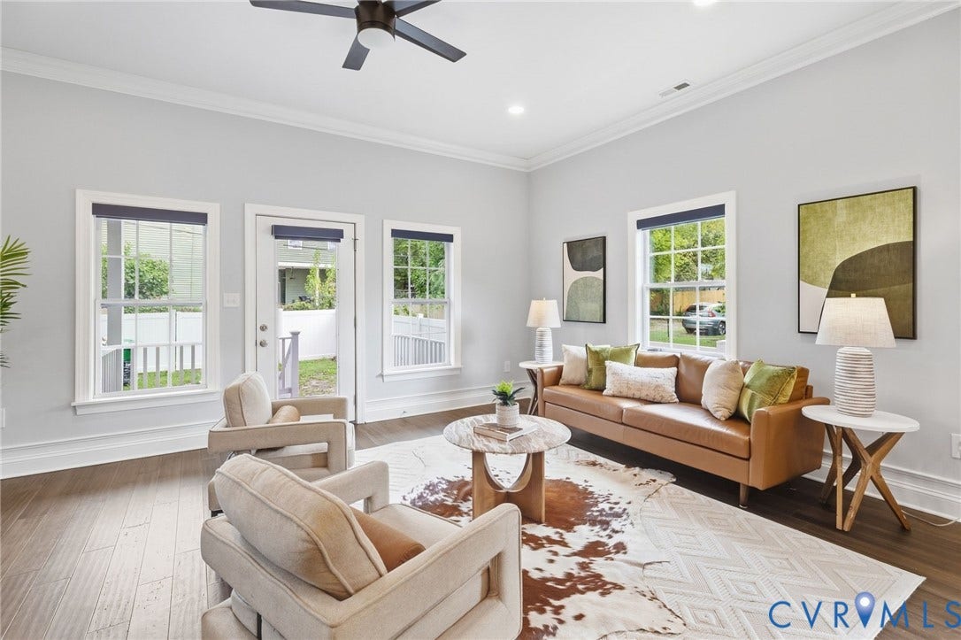 2002 Fairmount Avenue, Church Hill, Richmond, VA 23223 Recessed lighting, crown molding, wood-finish flooring, ceiling fan, and multiple windows