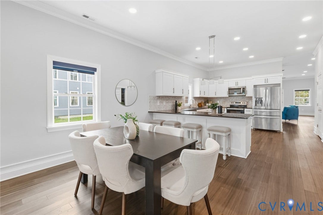 2002 Fairmount Avenue, Church Hill, Richmond, VA 23223 Open-concept kitchen and dining area featuring wood-finish flooring, white cabinetry, a kitchen island with seating, and recessed lighting