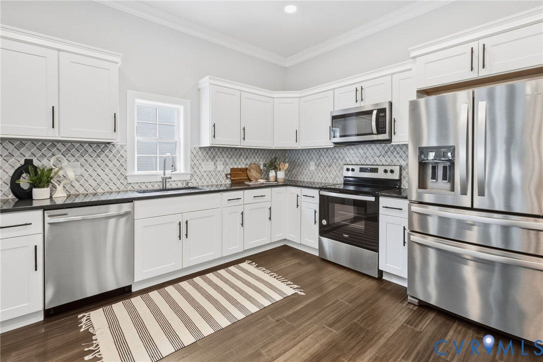 2002 Fairmount Avenue, Church Hill, Richmond, VA 23223 Modern kitchen featuring white cabinetry, dark countertops, stainless steel appliances, a tiled backsplash, and wood-finish flooring