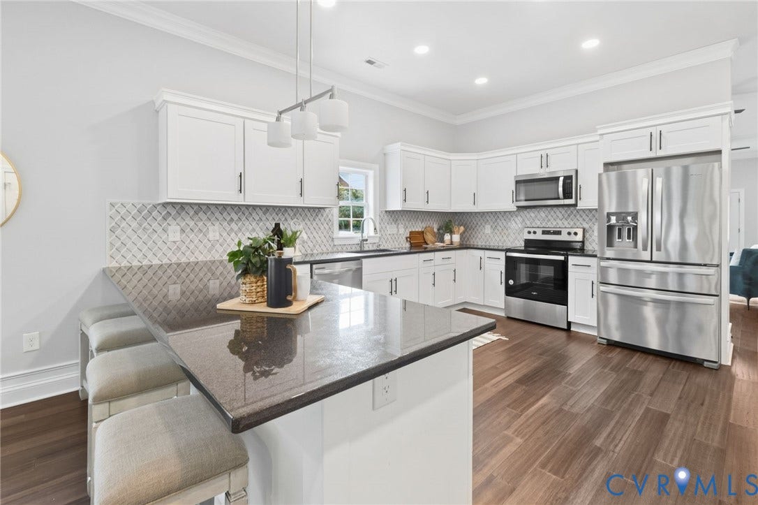 2002 Fairmount Avenue, Church Hill, Richmond, VA 23223 Kitchen featuring an eat-at island with dark countertops, white cabinetry, a light-toned tile backsplash, and stainless steel appliances