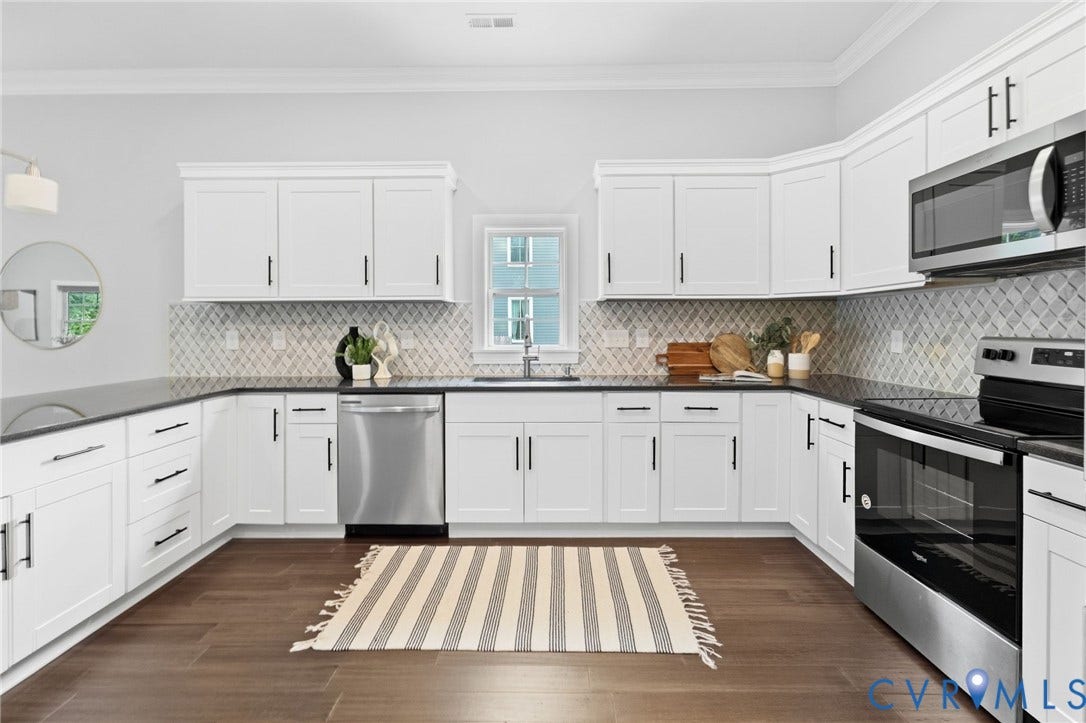2002 Fairmount Avenue, Church Hill, Richmond, VA 23223 U-shaped kitchen with white cabinetry and dark countertops
