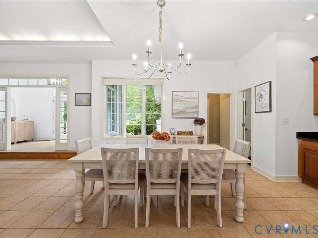 147 Oyster Cove Landing, Hartfield, VA 23071 Recessed tray ceiling, tile flooring, interior French doors, large bay window, and a chandelier light fixture