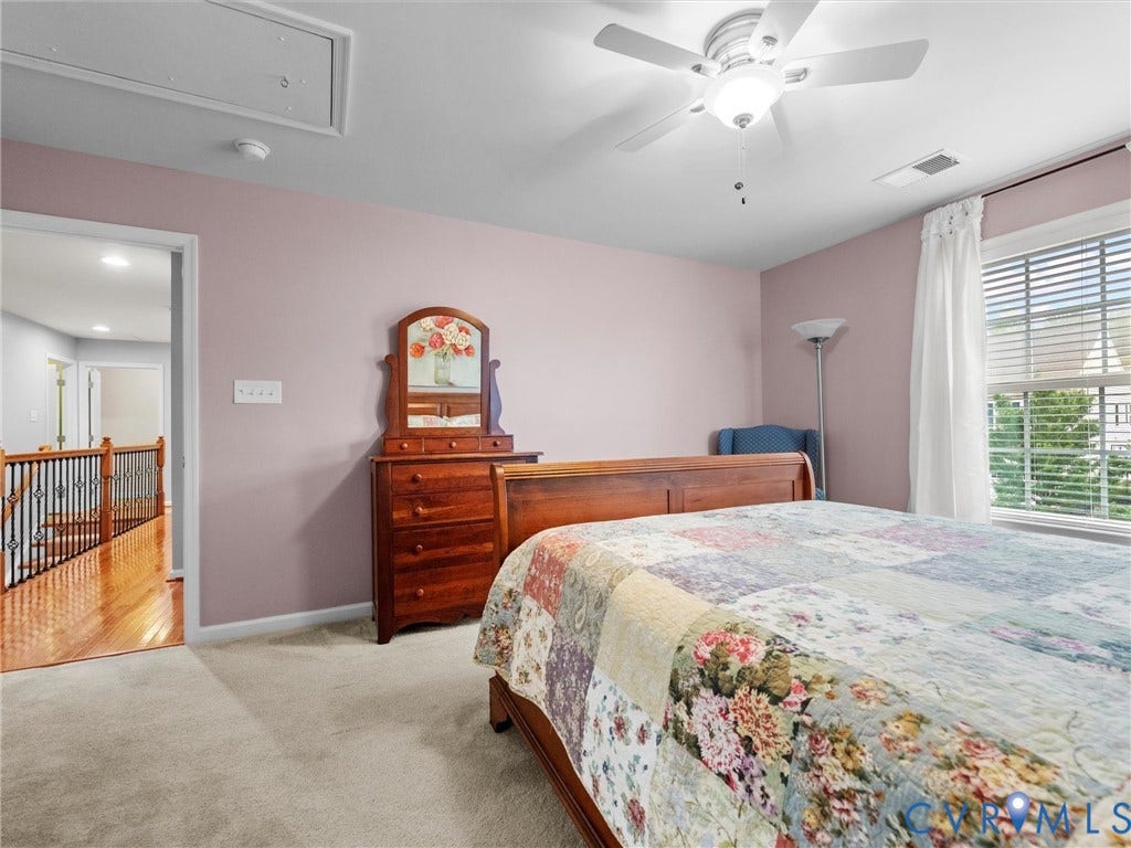 9990 Orchard Meadow Road, Mechanicsville, VA 23116 Carpeted bedroom featuring a ceiling fan with integrated lighting, window with blinds, and painted walls