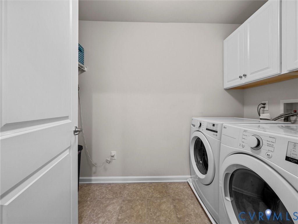 9990 Orchard Meadow Road, Mechanicsville, VA 23116 White cabinetry with brushed nickel hardware, light-toned vinyl flooring, and a single wall-mounted shelf