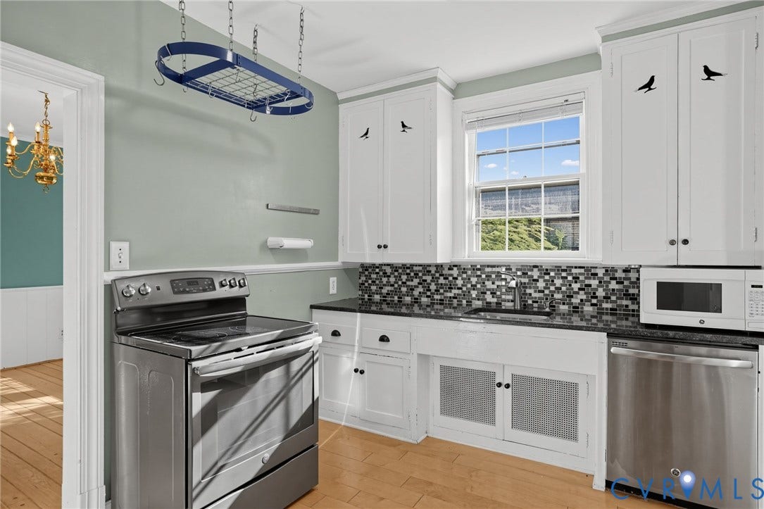 1713 Wilmington Avenue, Richmond, VA 23227 Kitchen featuring white cabinetry, black granite-style countertops, stainless steel appliances, and a mosaic tile backsplash