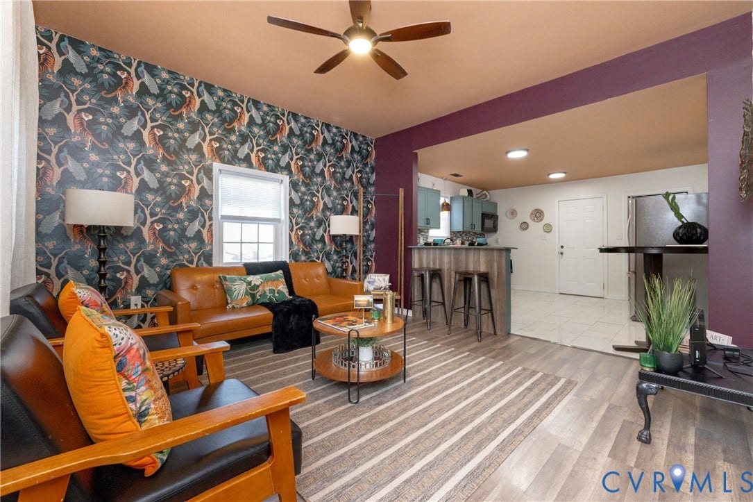 2127 Wright Avenue, Bellemeade, Richmond, VA 23224 Wood-finish flooring, recessed lighting, ceiling fan, and a built-in breakfast bar with pendant lighting