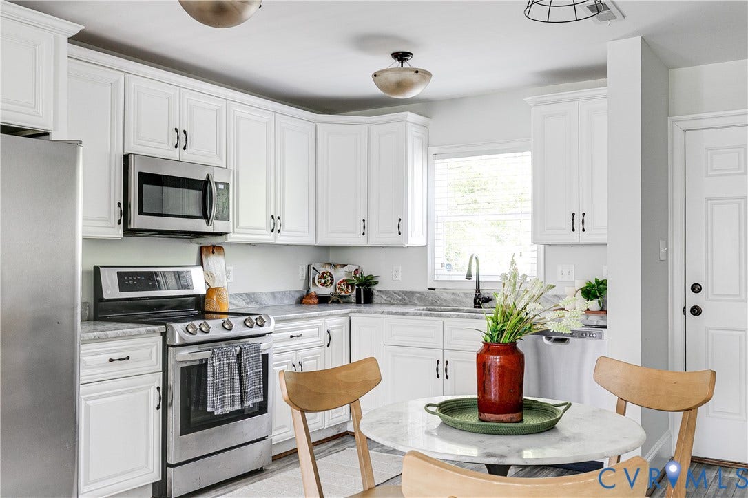 1311 N 33rd Street, Oakwood, Richmond, VA 23223 White shaker-style cabinetry with dark hardware, stainless steel appliances, grey veined countertops, and a built-in kitchen sink