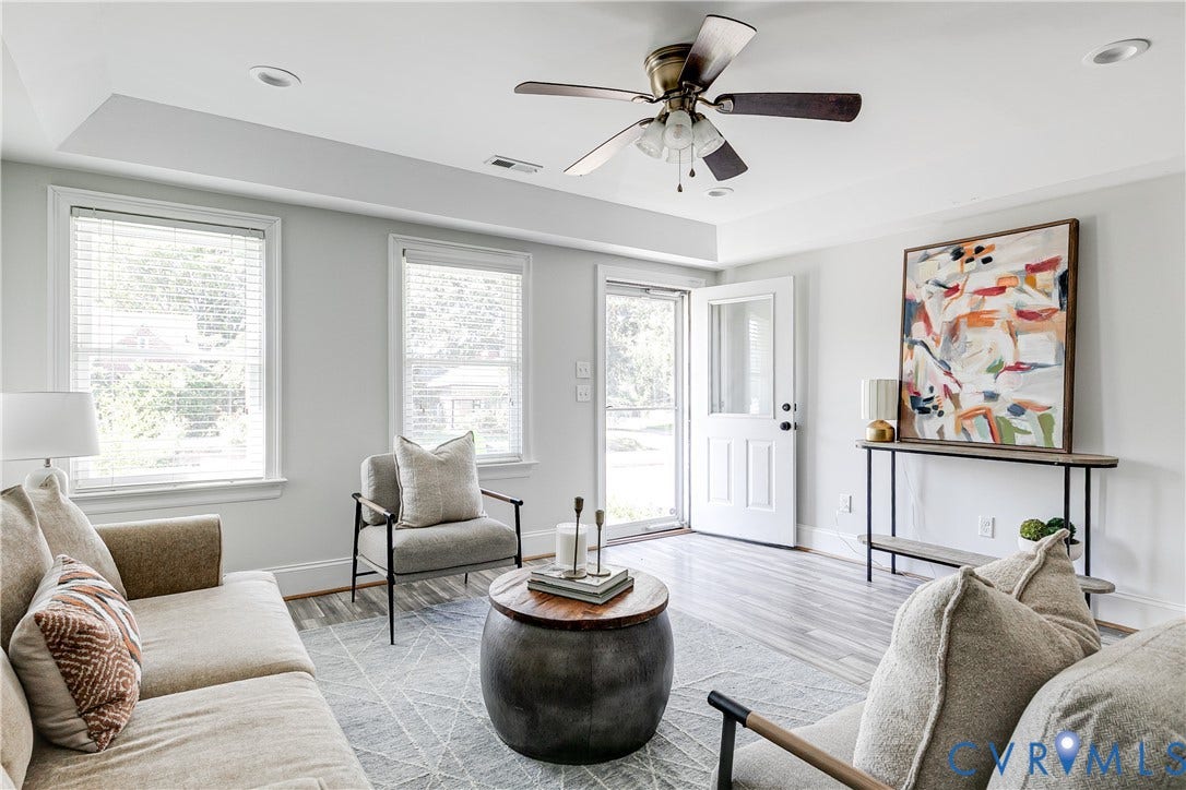 1311 N 33rd Street, Oakwood, Richmond, VA 23223 Recessed lighting, ceiling fan, wood-finish flooring, two large windows, and a glass-paneled exterior door