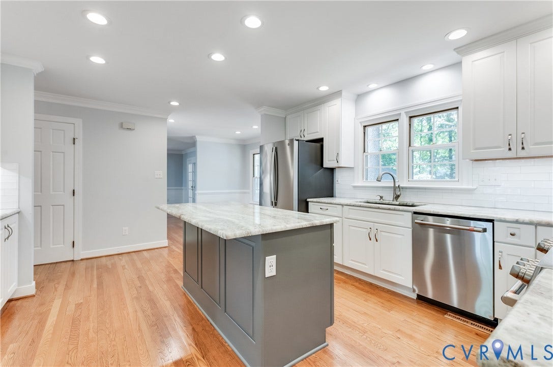 11211 Warren View Road, Henrico, VA 23233 Kitchen featuring hardwood flooring, recessed lighting, white shaker cabinets, and a gray kitchen island with a light-toned countertop