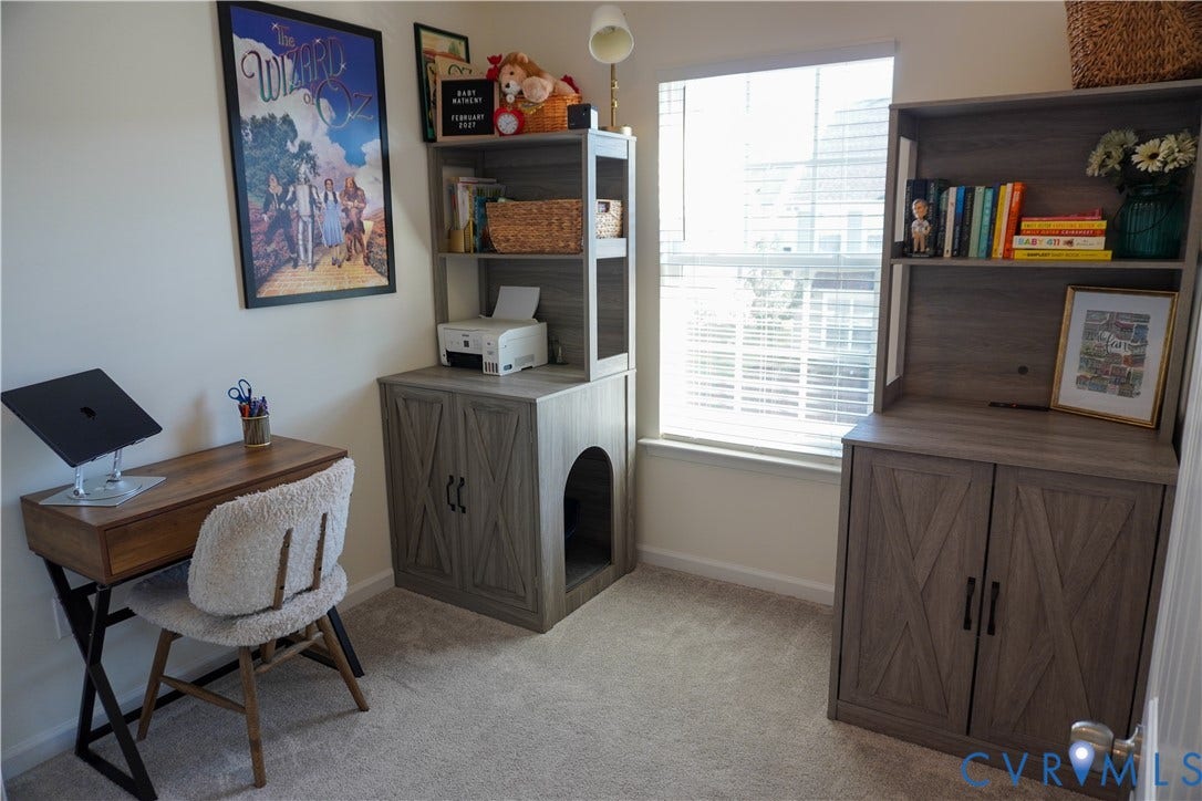 Carpeted flooring, white wall paint, window with horizontal blinds, built-in shelving units