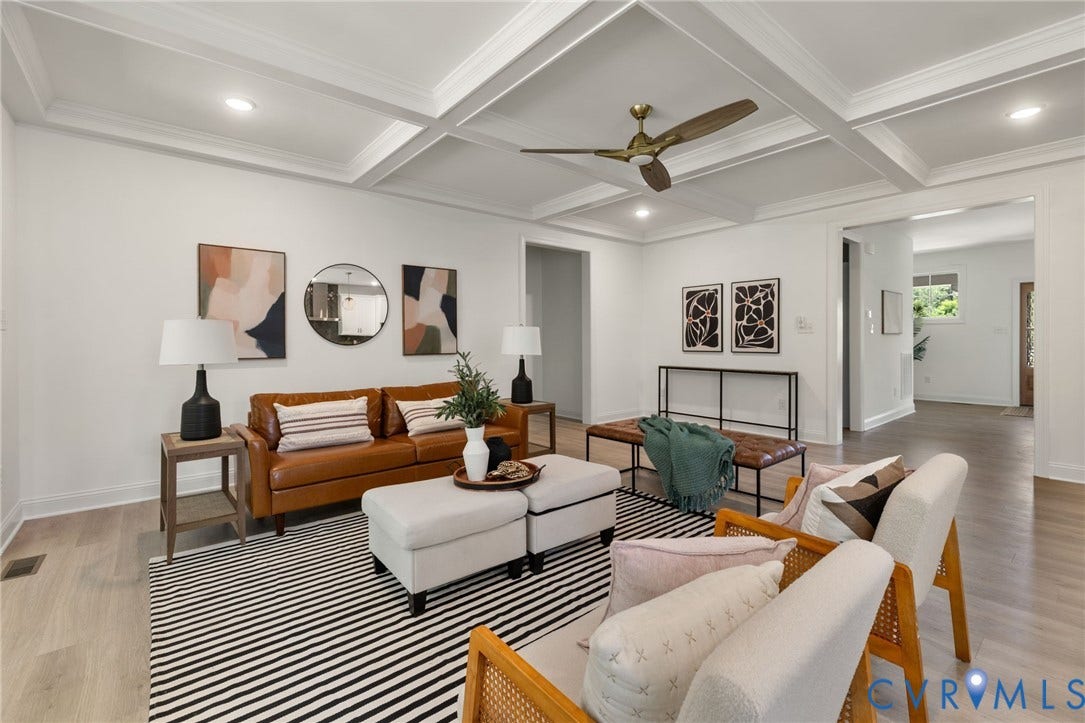 12506 Ashton Dell Road, Chester, VA 23831 Coffered ceiling with recessed lighting, ceiling fan, wood-finish flooring, and expansive doorways