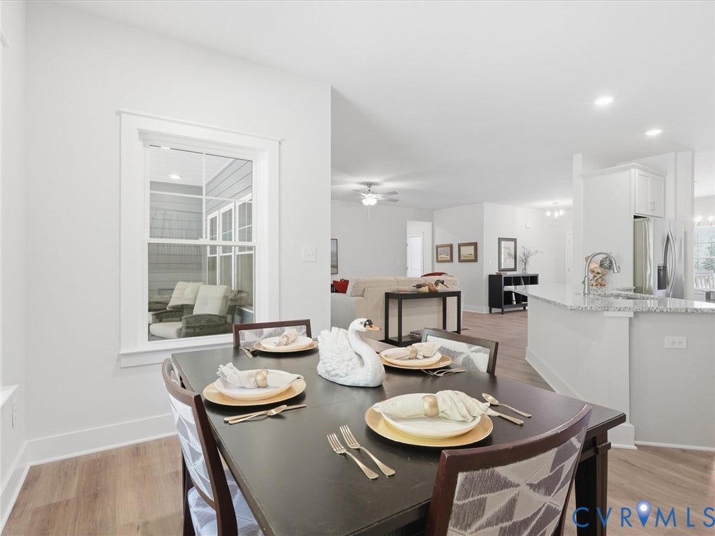 3102 Kensington Lane, Goochland, VA 23063 Dining area with wood-finish flooring, white walls, and a large window
